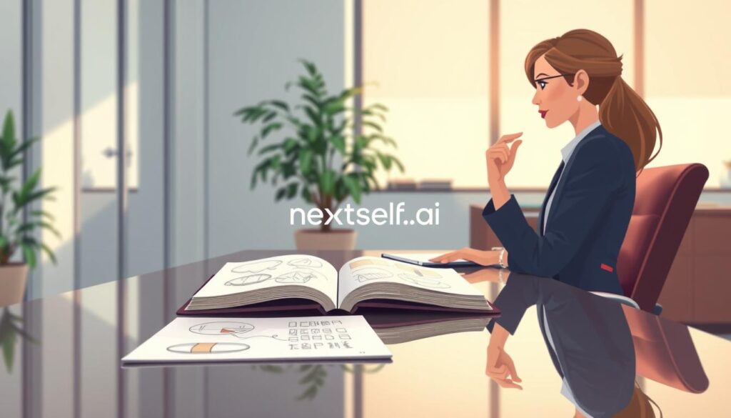 A calm office with soft daylight where a professional reflects at a tidy desk